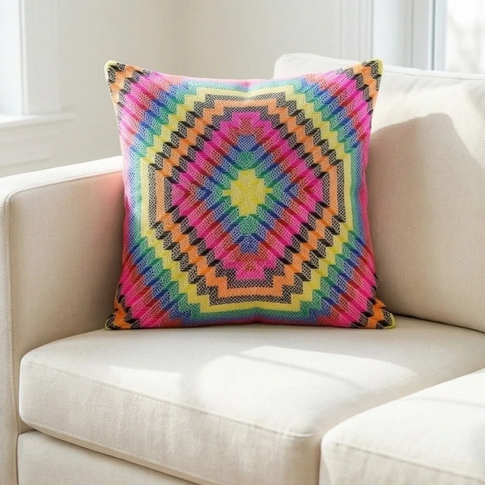 Ignite Rainbow Aztec Pillow Cover Zipper Colorful Black Trim 20‎ x 20 Decor NEW